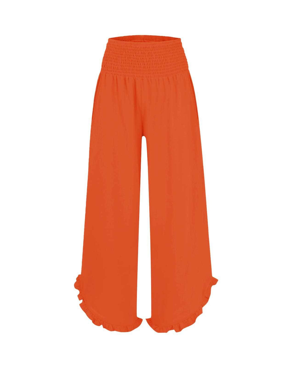 Ruffled Hem Palazzo Pants With Shirred Waist - Orange