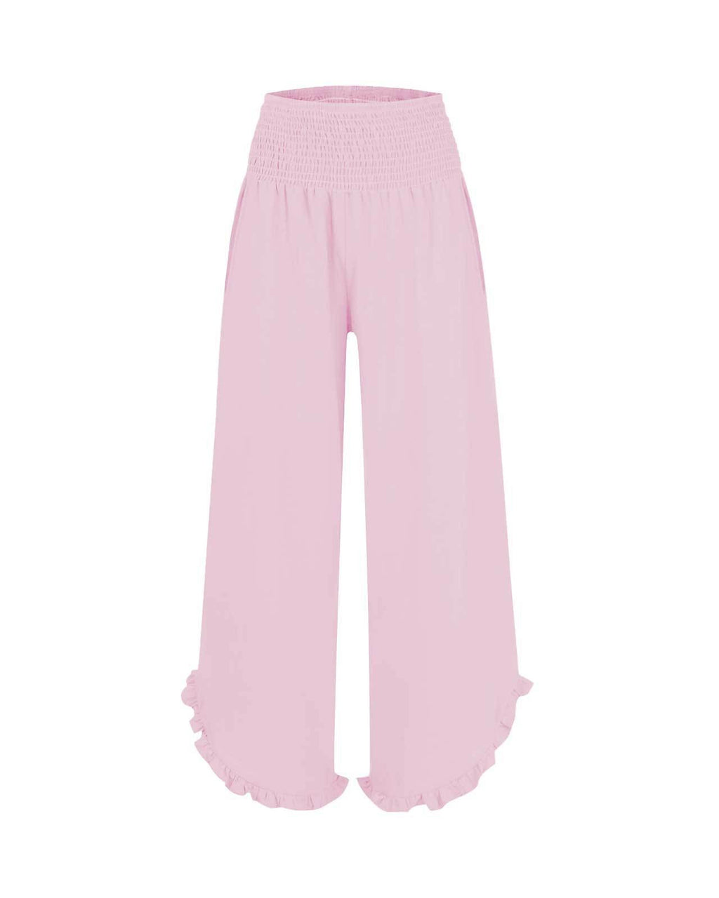 Ruffled Hem Palazzo Pants With Shirred Waist - Pink