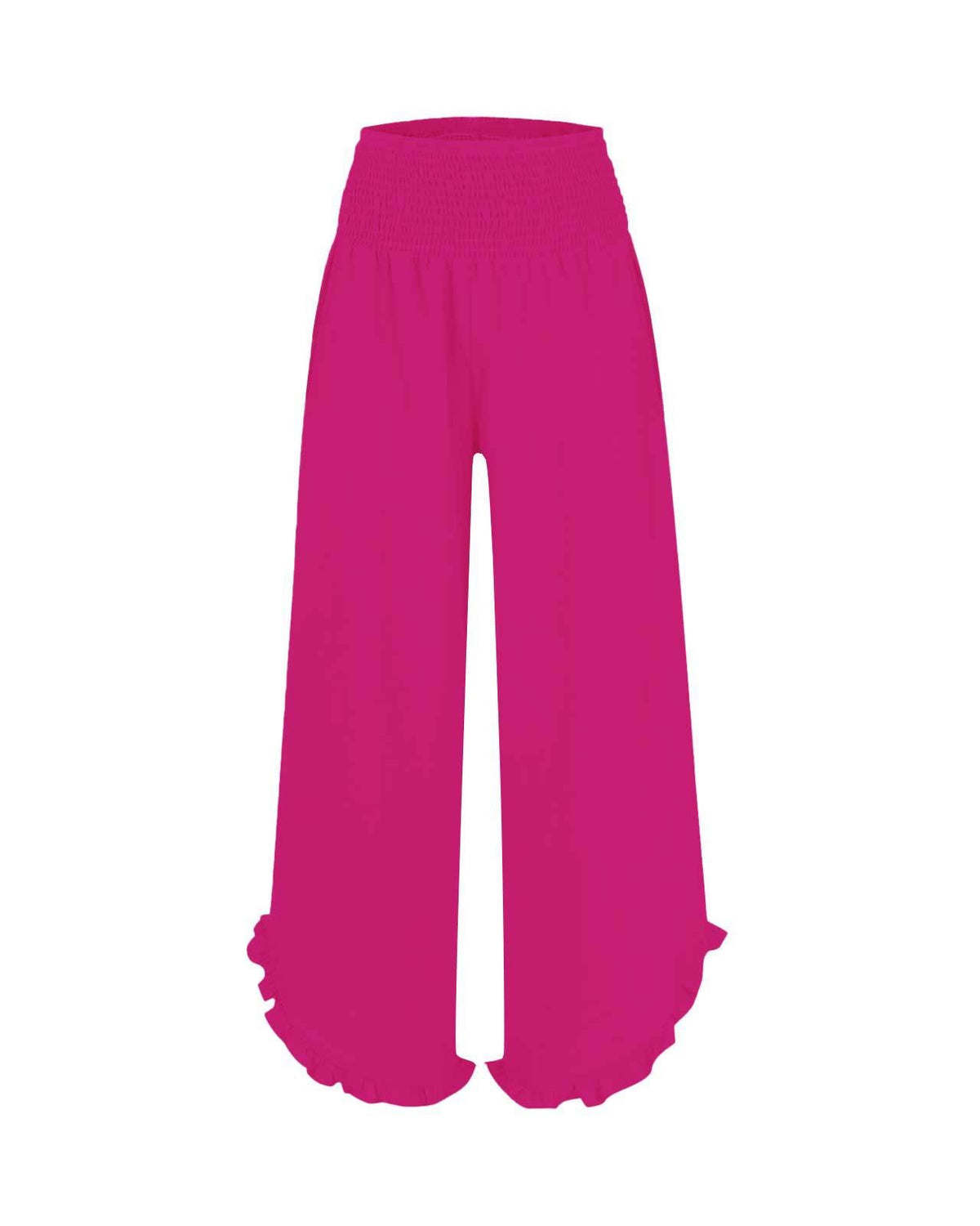 Ruffled Hem Palazzo Pants With Shirred Waist - Rose-Red