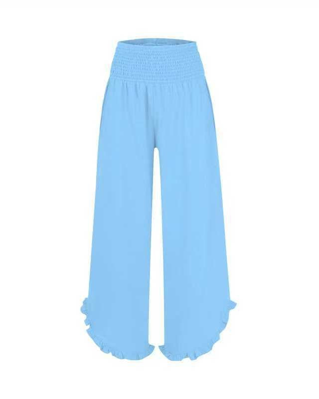 Ruffled Hem Palazzo Pants With Shirred Waist - Sky-Blue
