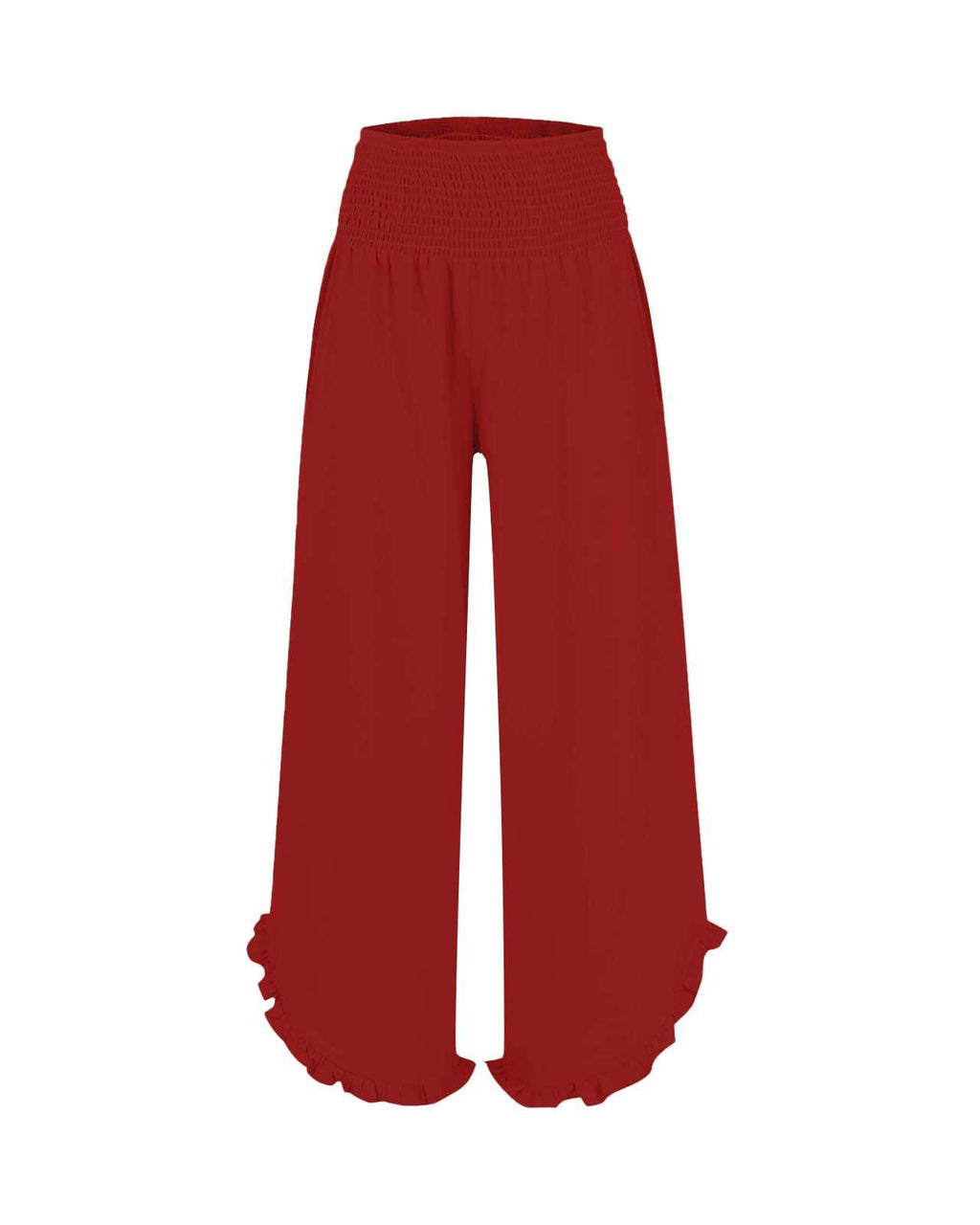 Ruffled Hem Palazzo Pants With Shirred Waist - Wine-Red
