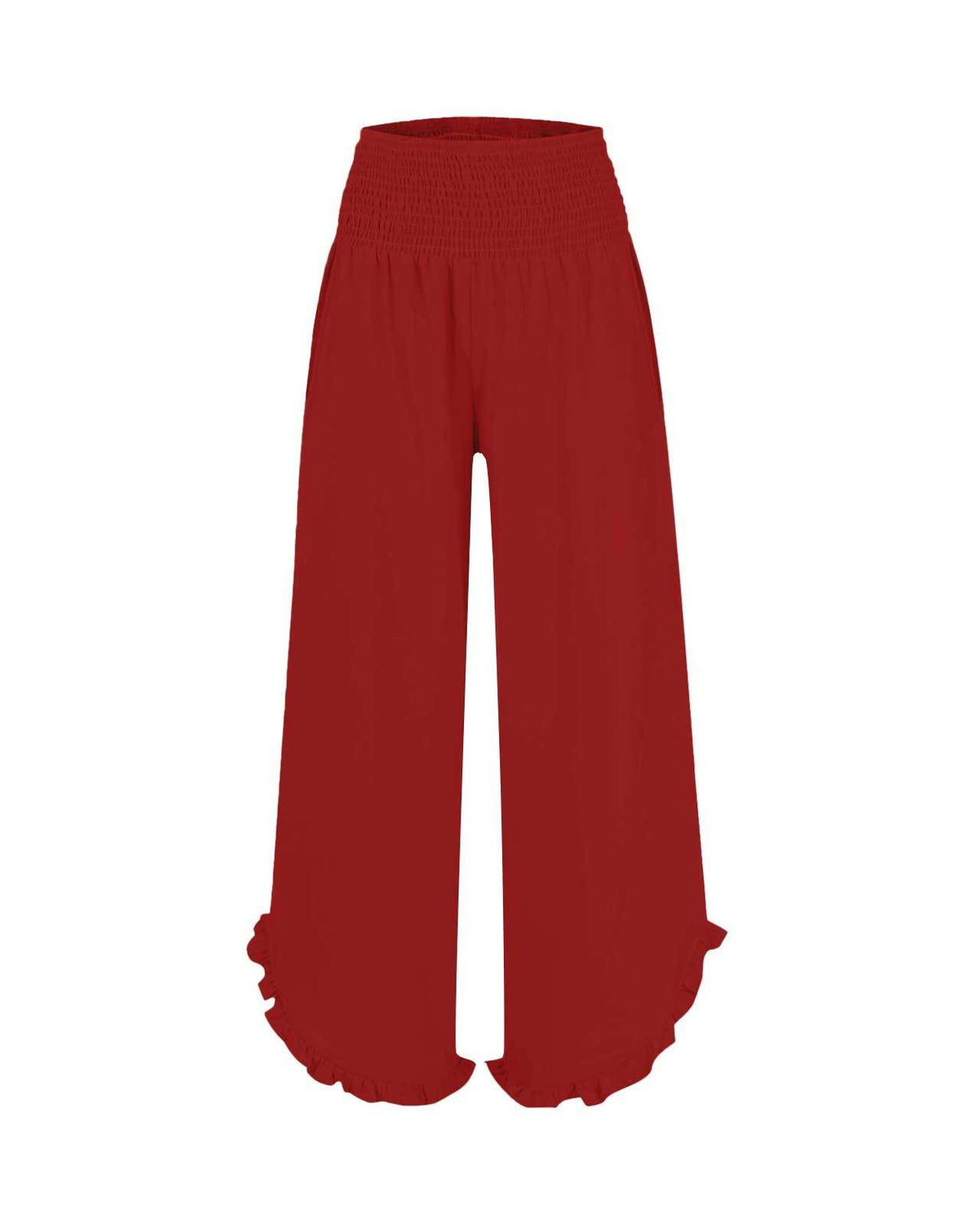 Ruffled Hem Palazzo Pants With Shirred Waist - Wine-Red