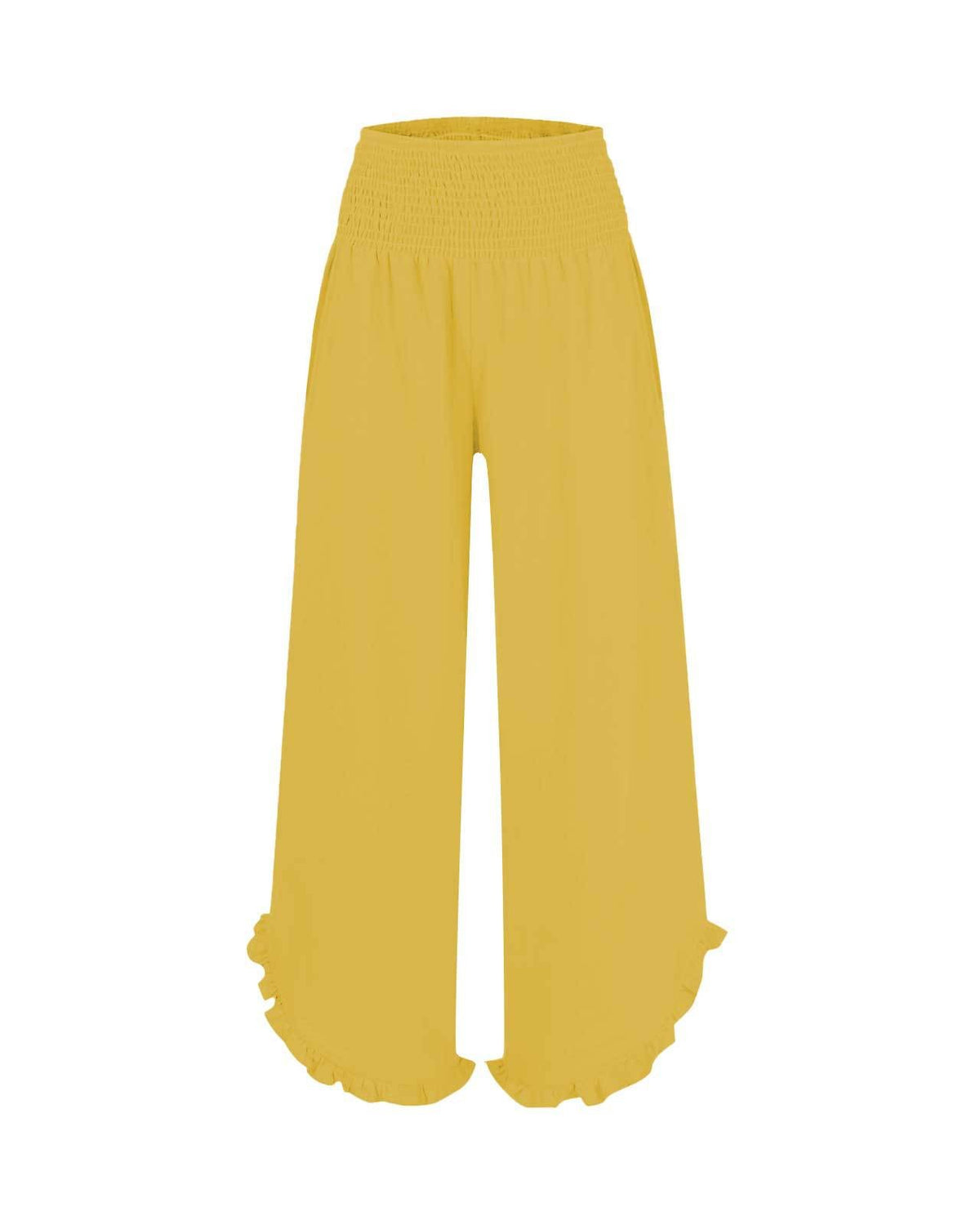 Ruffled Hem Palazzo Pants With Shirred Waist - Yellow
