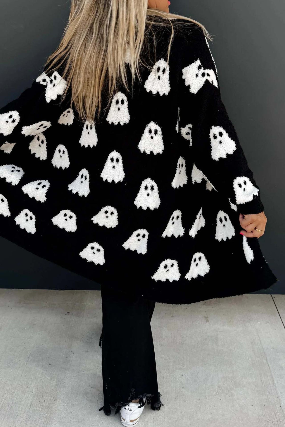 Ghost Print Open Front Halloween Cardigan - Black