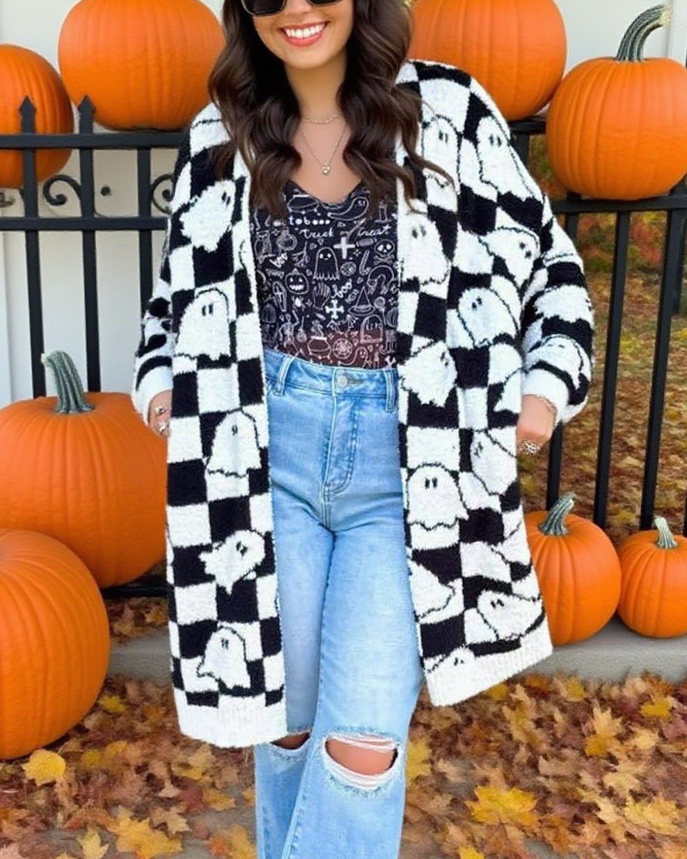 Ghost Print Open Front Halloween Cardigan - Checkered