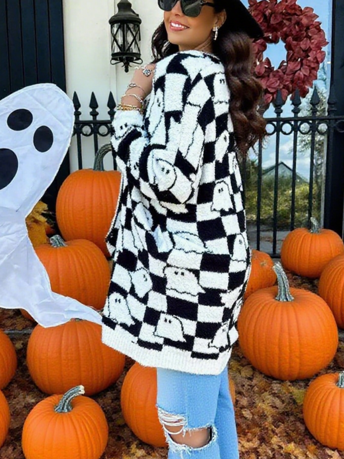 Ghost Print Open Front Halloween Cardigan - Checkered - 1