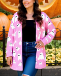 Ghost Print Open Front Halloween Cardigan - Pink