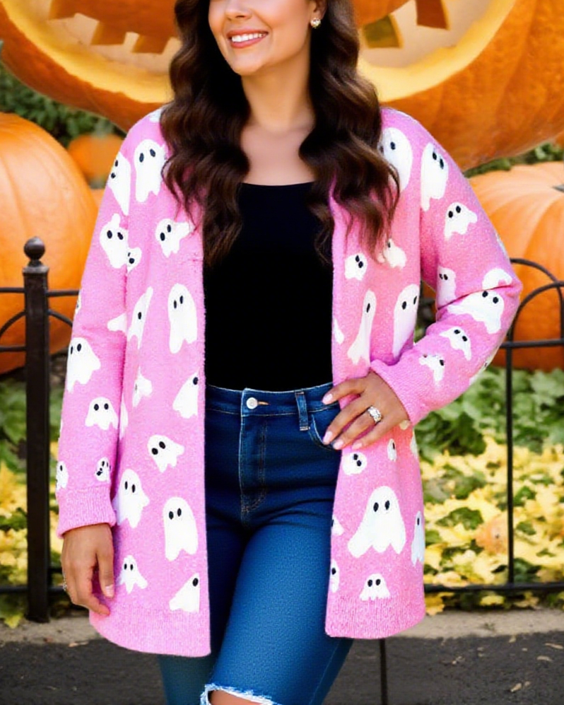 Ghost Print Open Front Halloween Cardigan - Pink
