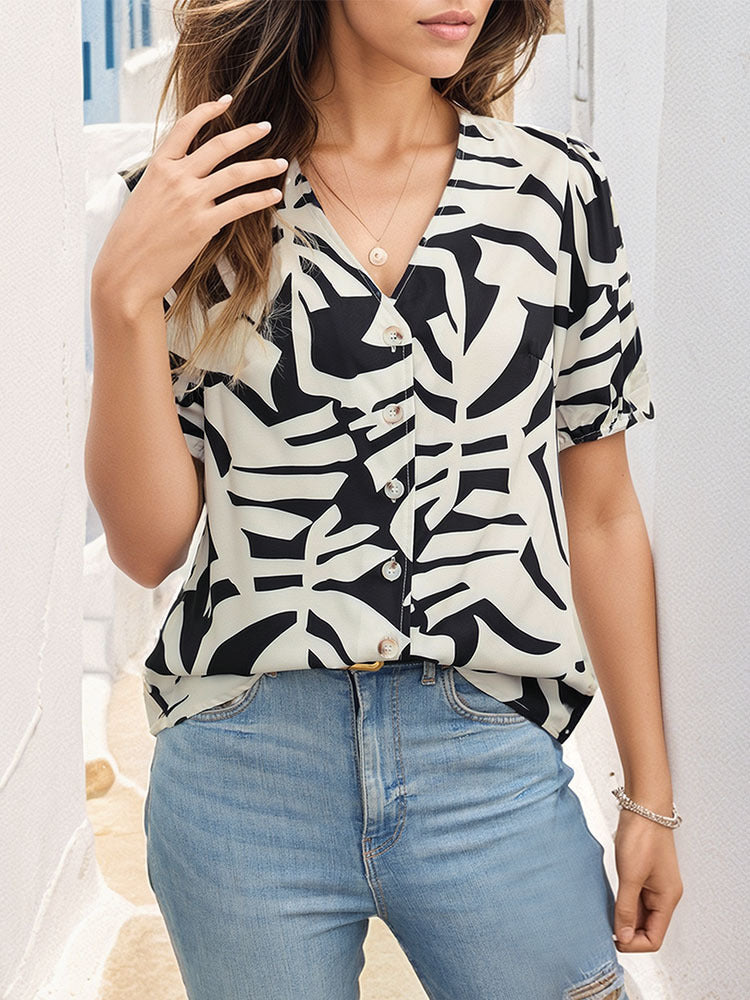 Abstract Leaf Print Camp Collar Blouse - White - 1