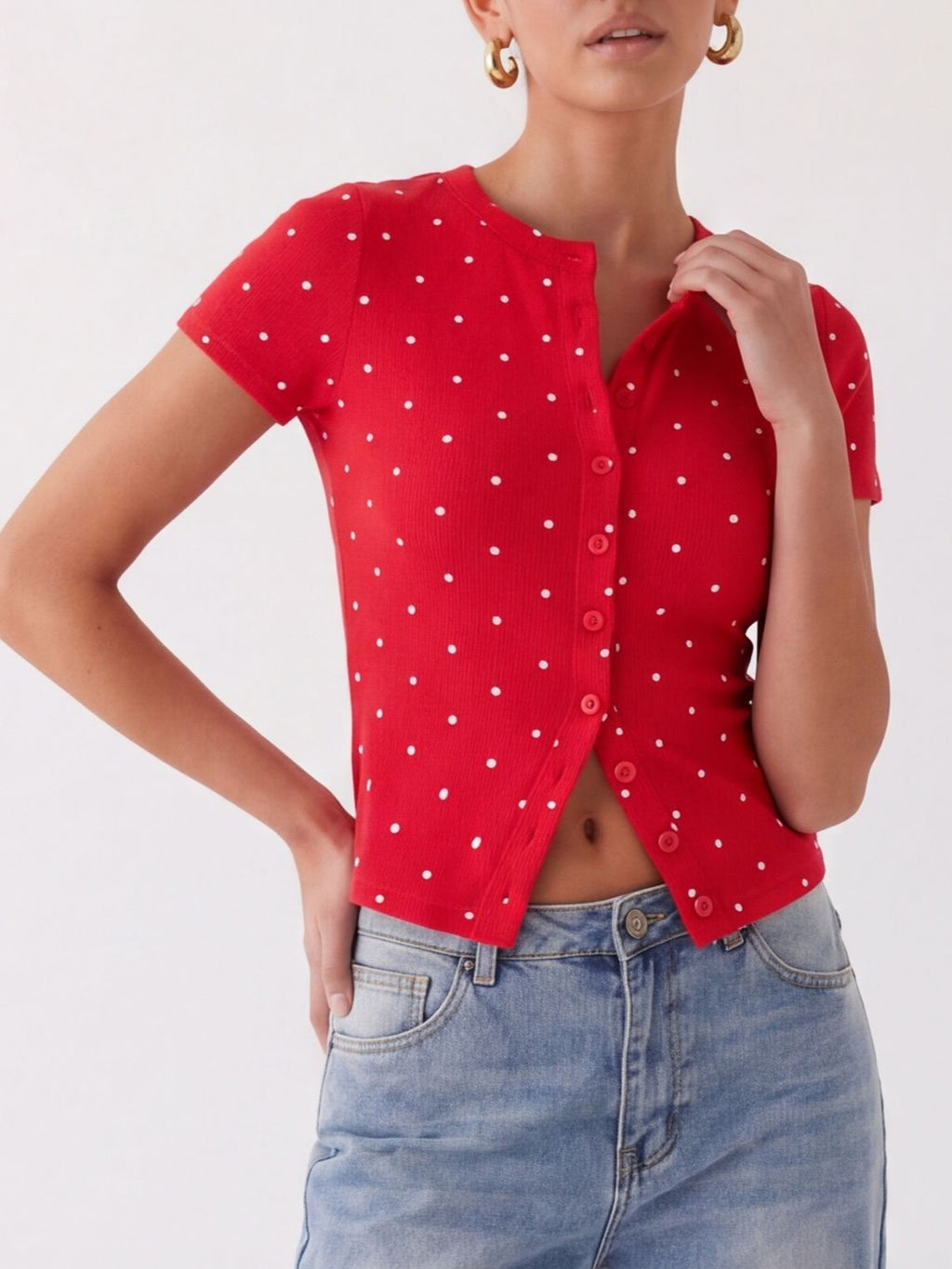 Polka Dot Ribbed Button Baby Tee - Red