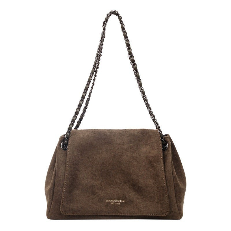 Slouchy Faux Suede Chain Shoulder Bag - Olive