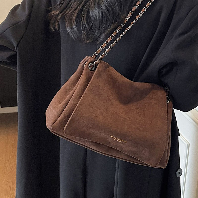 Slouchy Faux Suede Chain Shoulder Bag