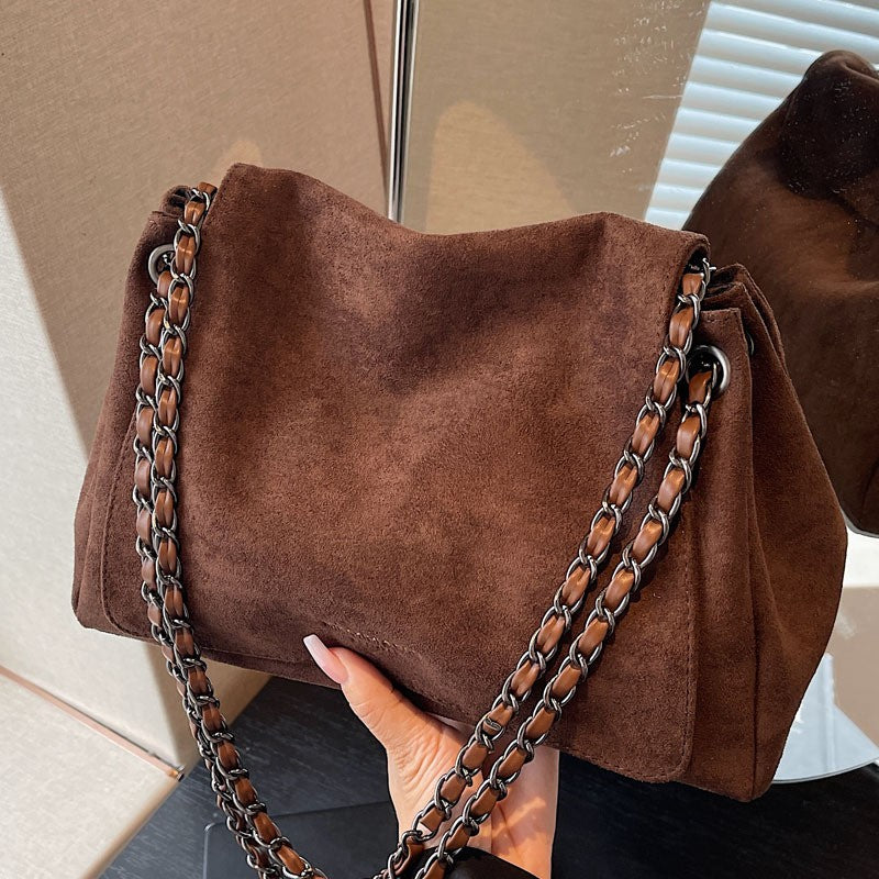 Slouchy Faux Suede Chain Shoulder Bag