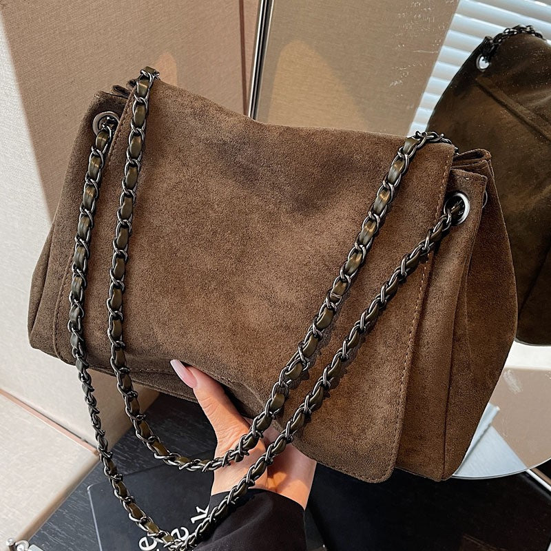 Slouchy Faux Suede Chain Shoulder Bag