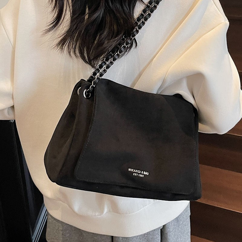 Slouchy Faux Suede Chain Shoulder Bag