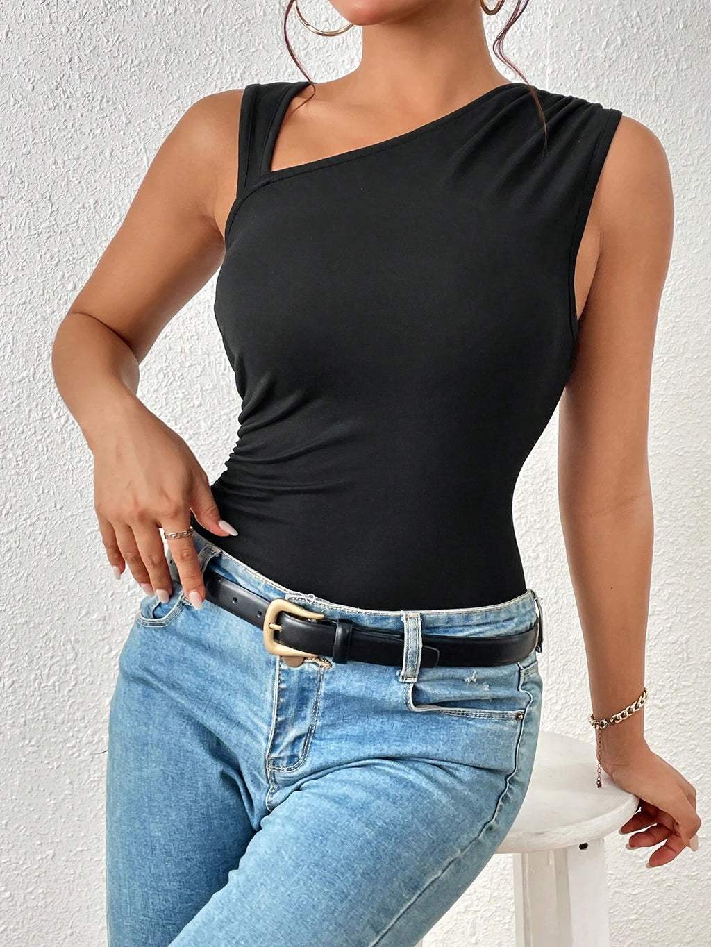 Asymmetric One Shoulder Ruched Knit Top - Black - 3