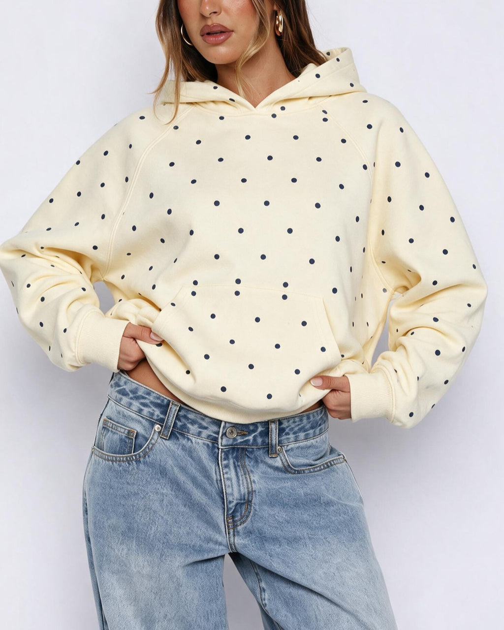 Tiny Dot Print Relaxed Hooded Sweatshirt - Yellow - 1