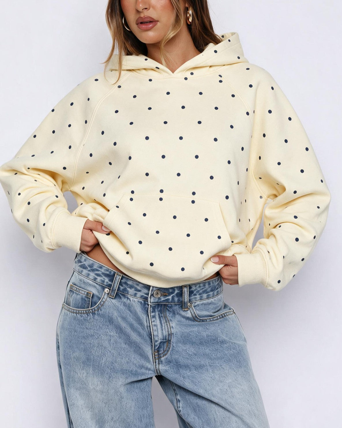 Tiny Dot Print Relaxed Hooded Sweatshirt - Yellow - 1
