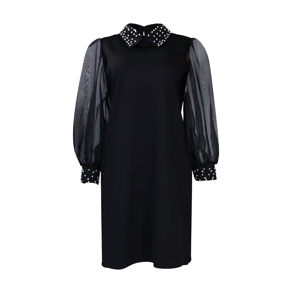 Pearl Collar Sheer Balloon Sleeve Shift Dress - Black