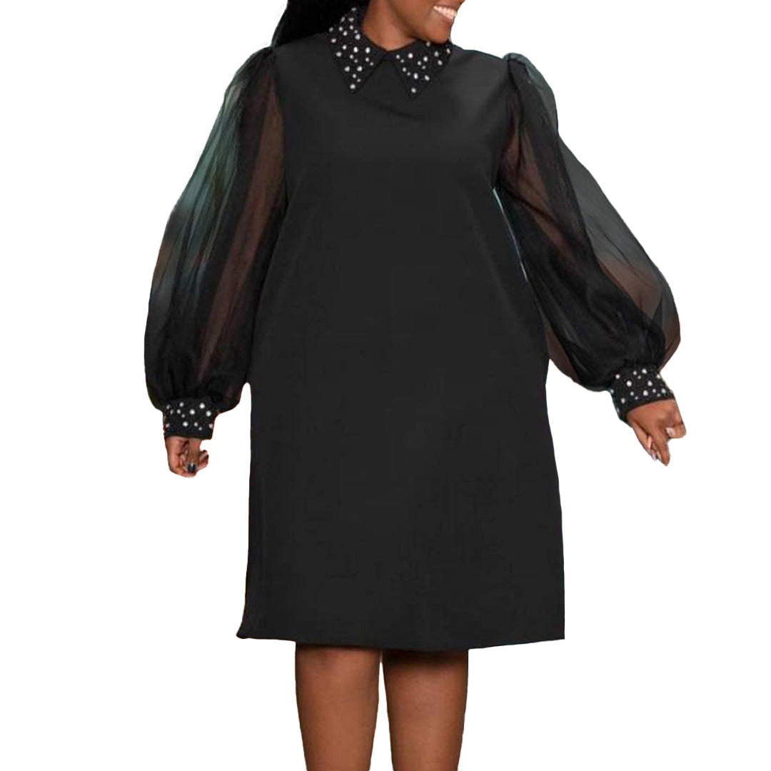 Pearl Collar Sheer Balloon Sleeve Shift Dress - Black - 1