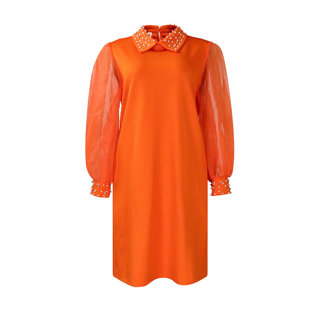 Pearl Collar Sheer Balloon Sleeve Shift Dress - Orange