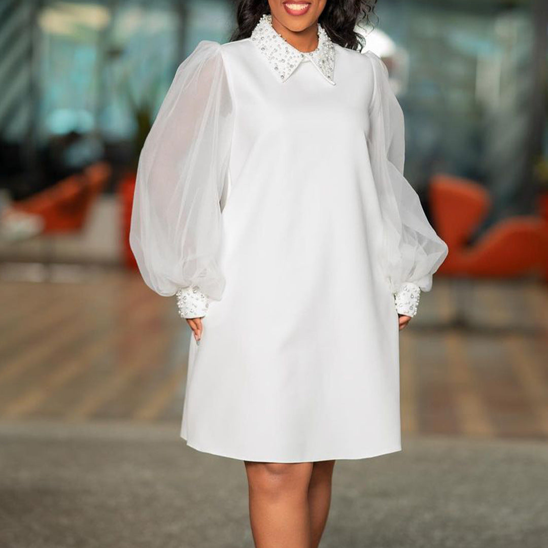 Pearl Collar Sheer Balloon Sleeve Shift Dress - White