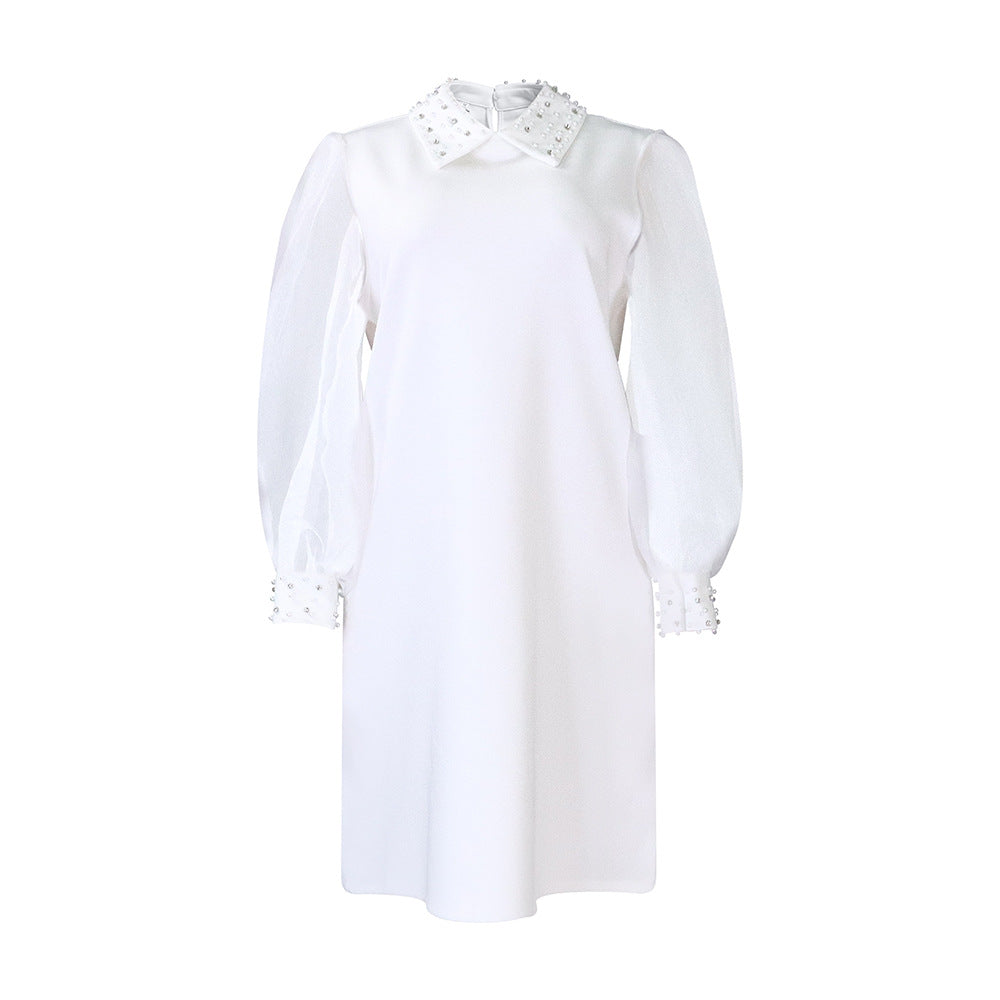 Pearl Collar Sheer Balloon Sleeve Shift Dress - White - 1