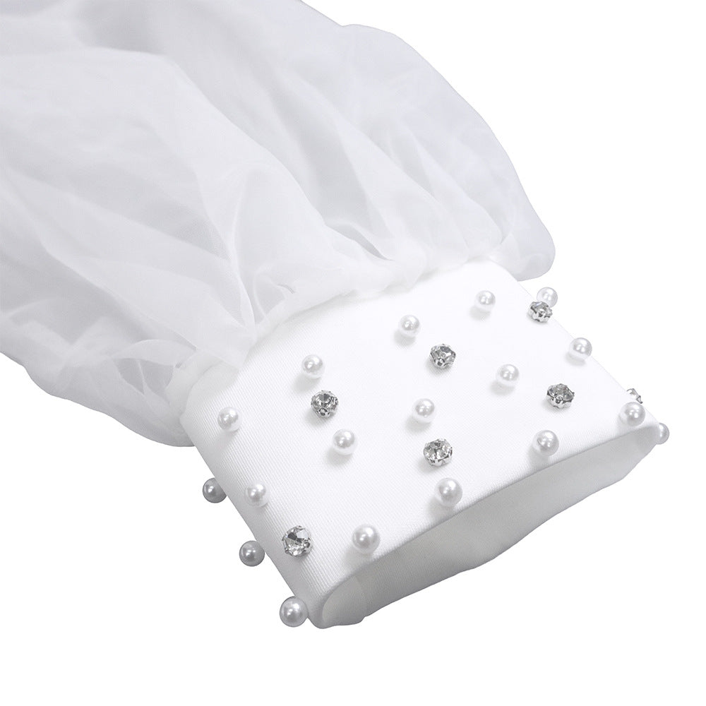 Pearl Collar Sheer Balloon Sleeve Shift Dress - White - 10