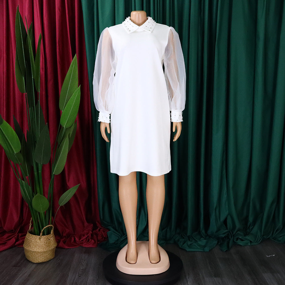 Pearl Collar Sheer Balloon Sleeve Shift Dress - White - 2