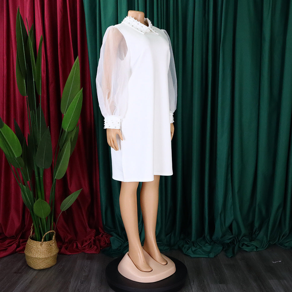 Pearl Collar Sheer Balloon Sleeve Shift Dress - White - 3