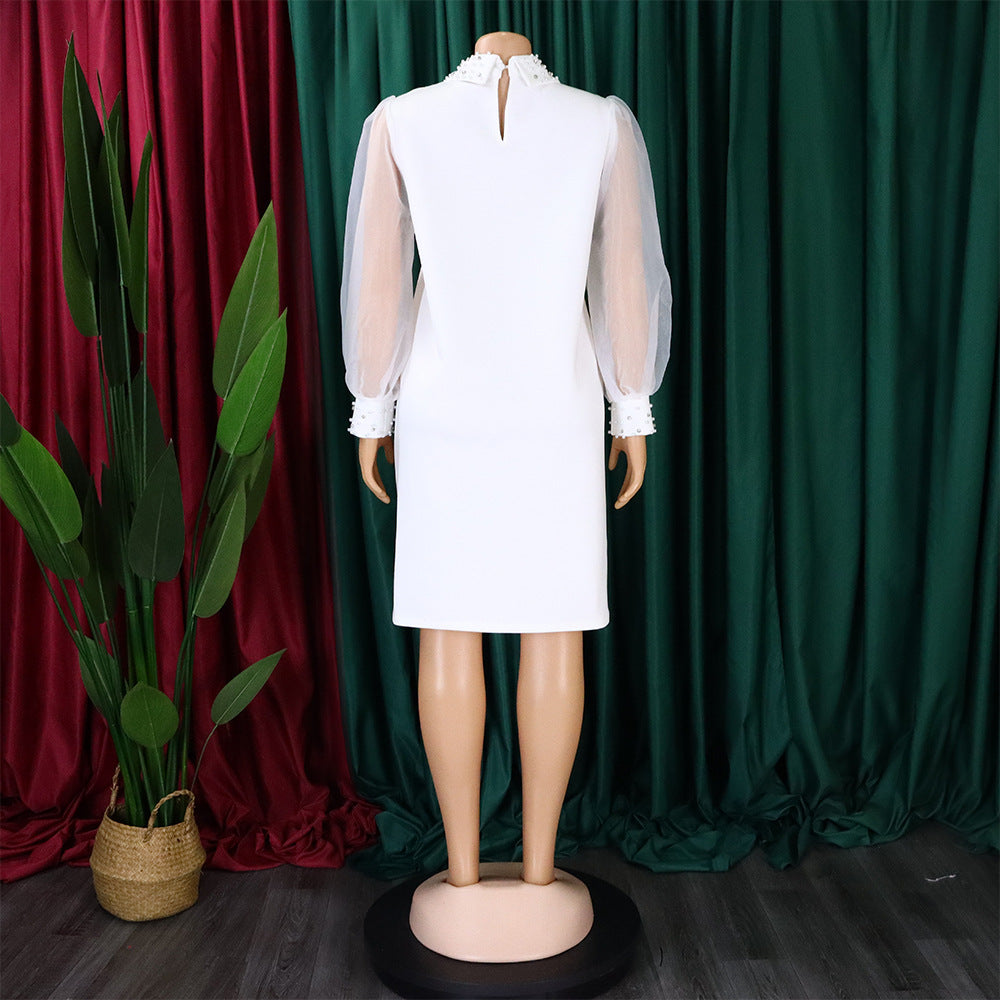 Pearl Collar Sheer Balloon Sleeve Shift Dress - White - 4