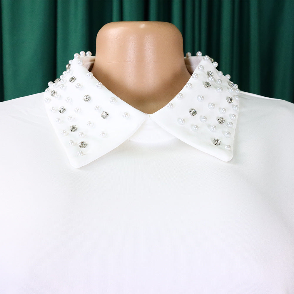 Pearl Collar Sheer Balloon Sleeve Shift Dress - White - 5
