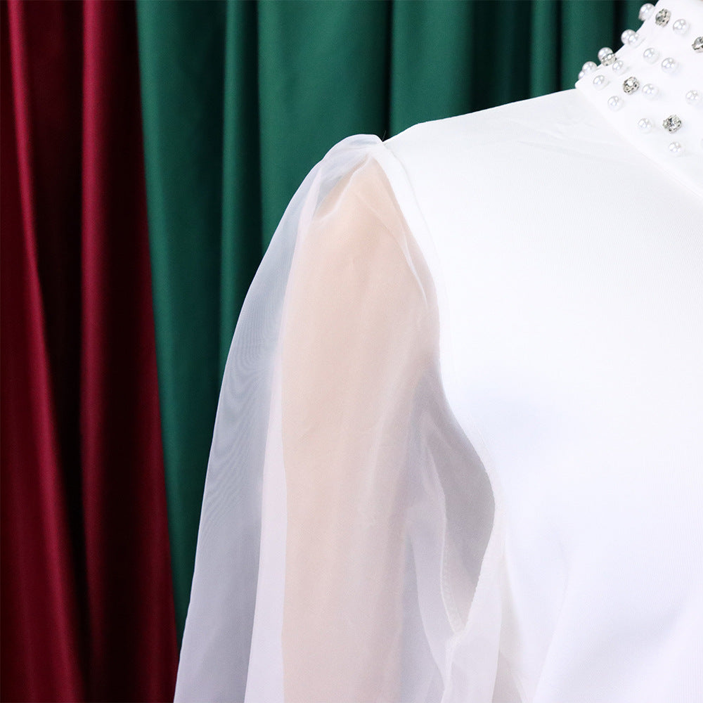 Pearl Collar Sheer Balloon Sleeve Shift Dress - White - 6