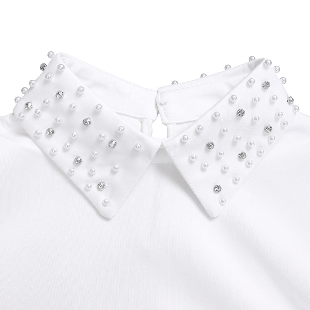 Pearl Collar Sheer Balloon Sleeve Shift Dress - White - 8