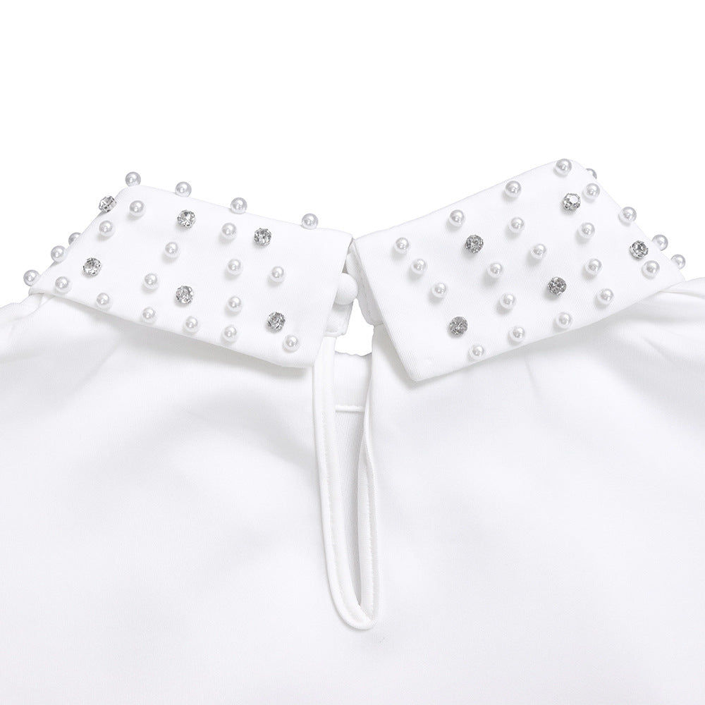 Pearl Collar Sheer Balloon Sleeve Shift Dress - White - 9