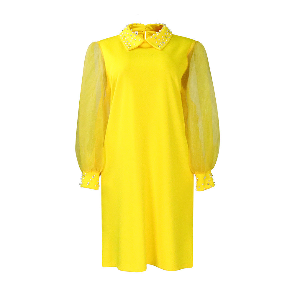 Pearl Collar Sheer Balloon Sleeve Shift Dress - Yellow