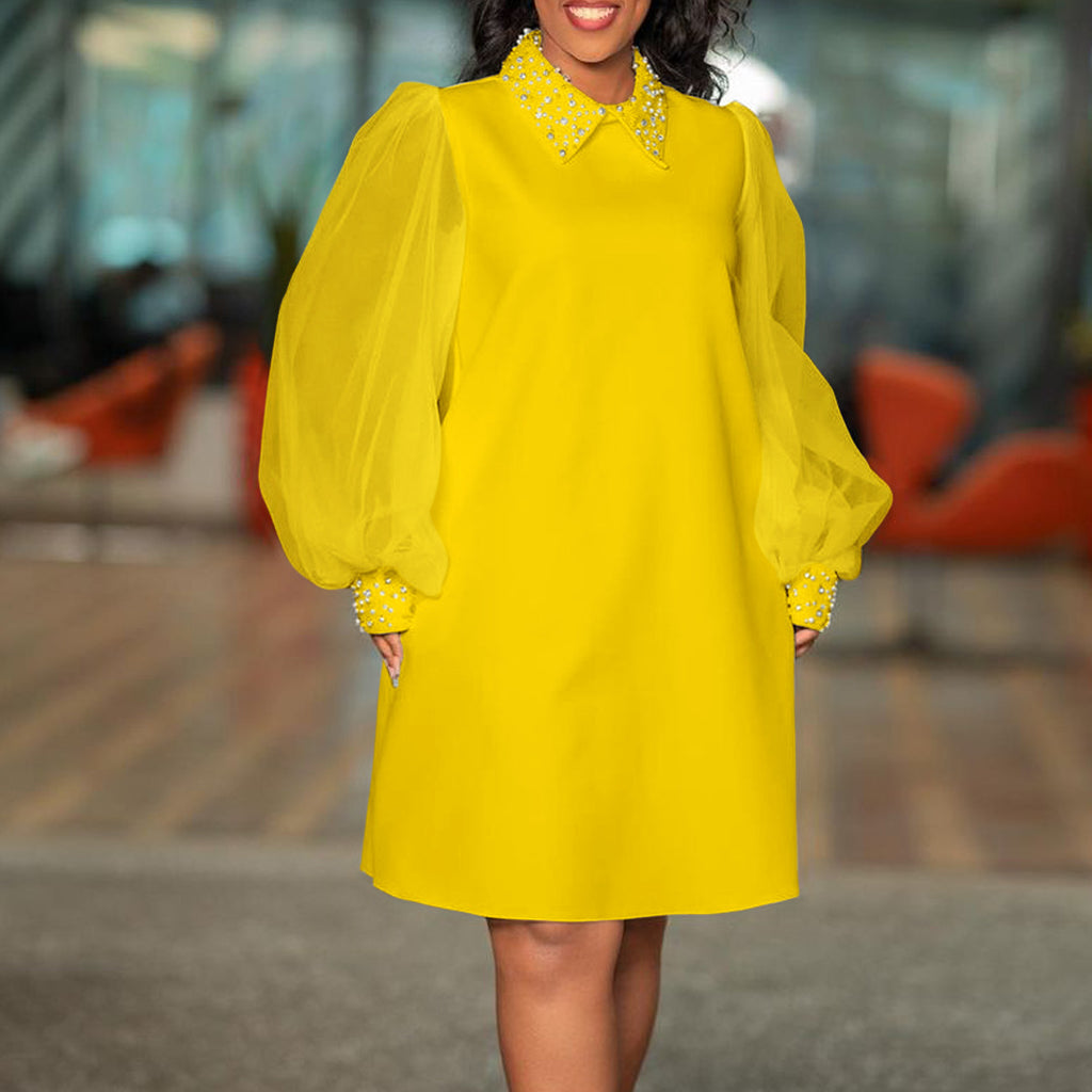 Pearl Collar Sheer Balloon Sleeve Shift Dress - Yellow - 1