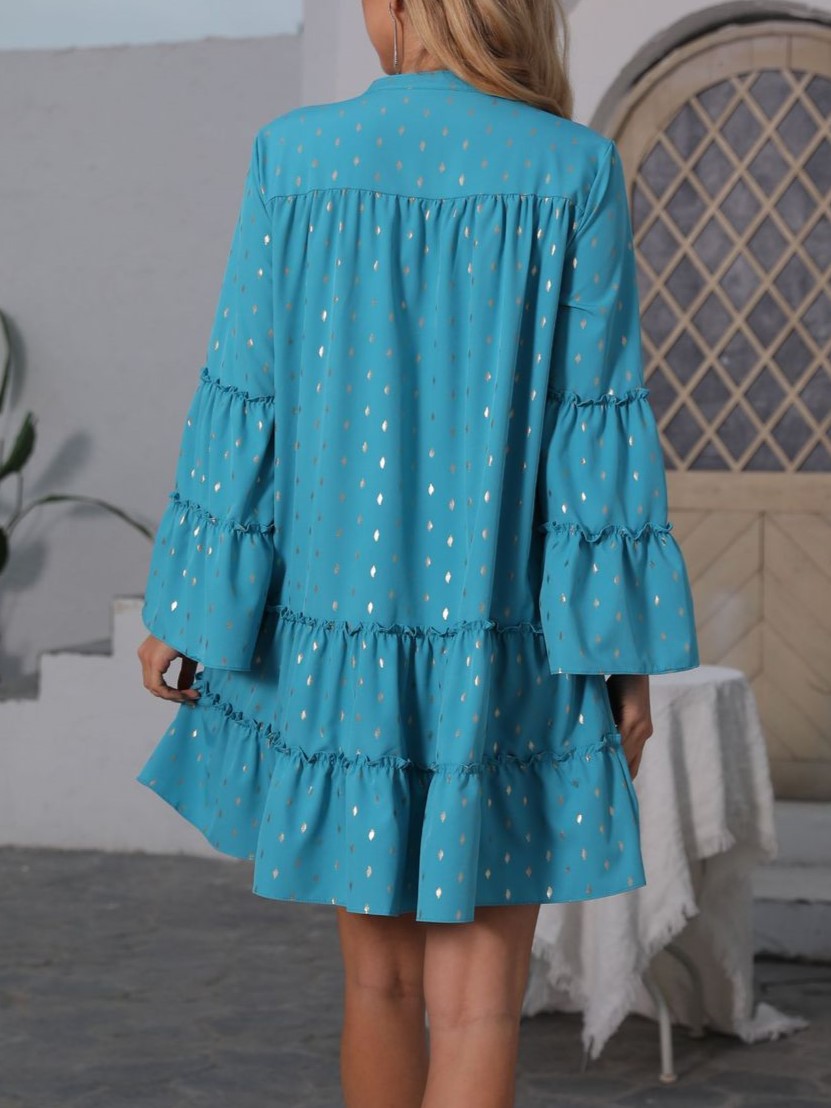 Foil Dot Tiered Flare Sleeve Mini Dress - Blue - 4