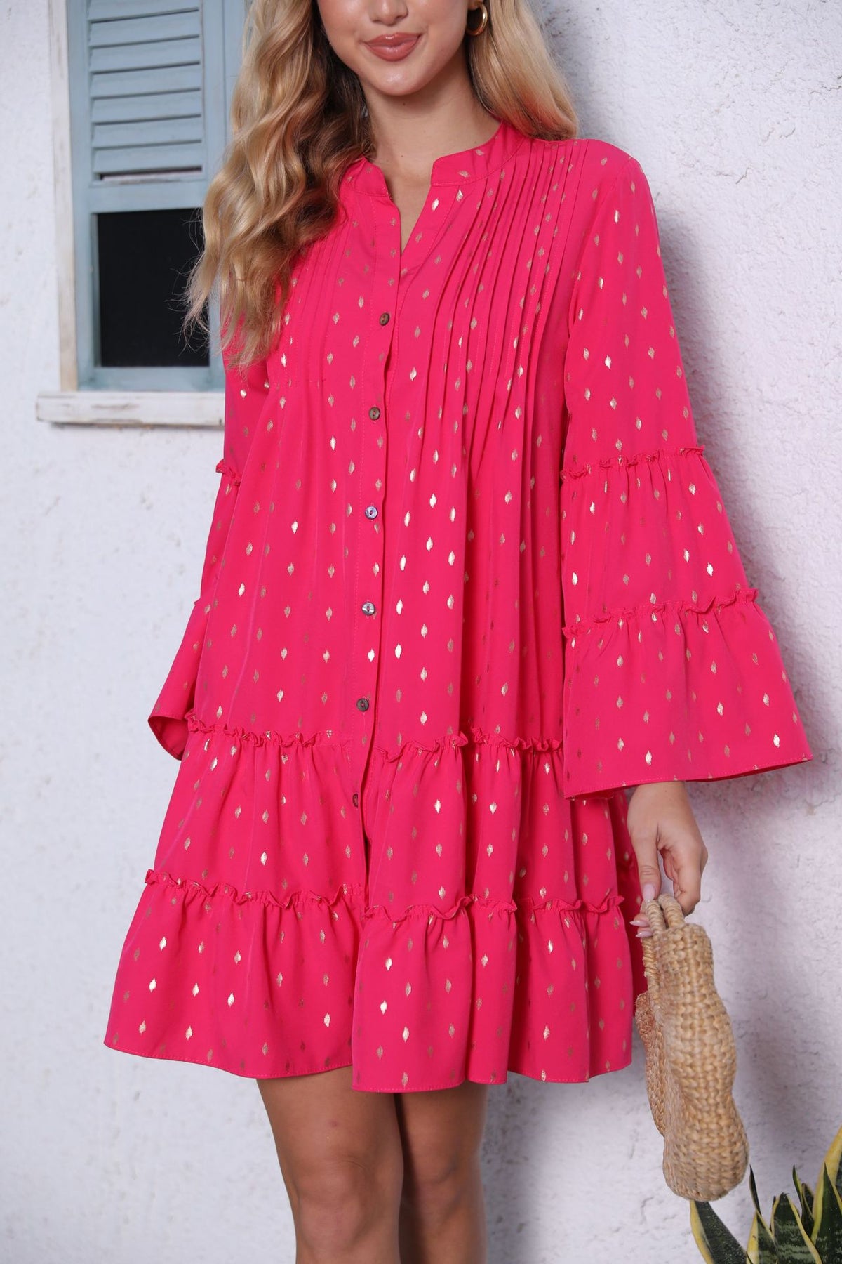 Foil Dot Tiered Flare Sleeve Mini Dress - Rose