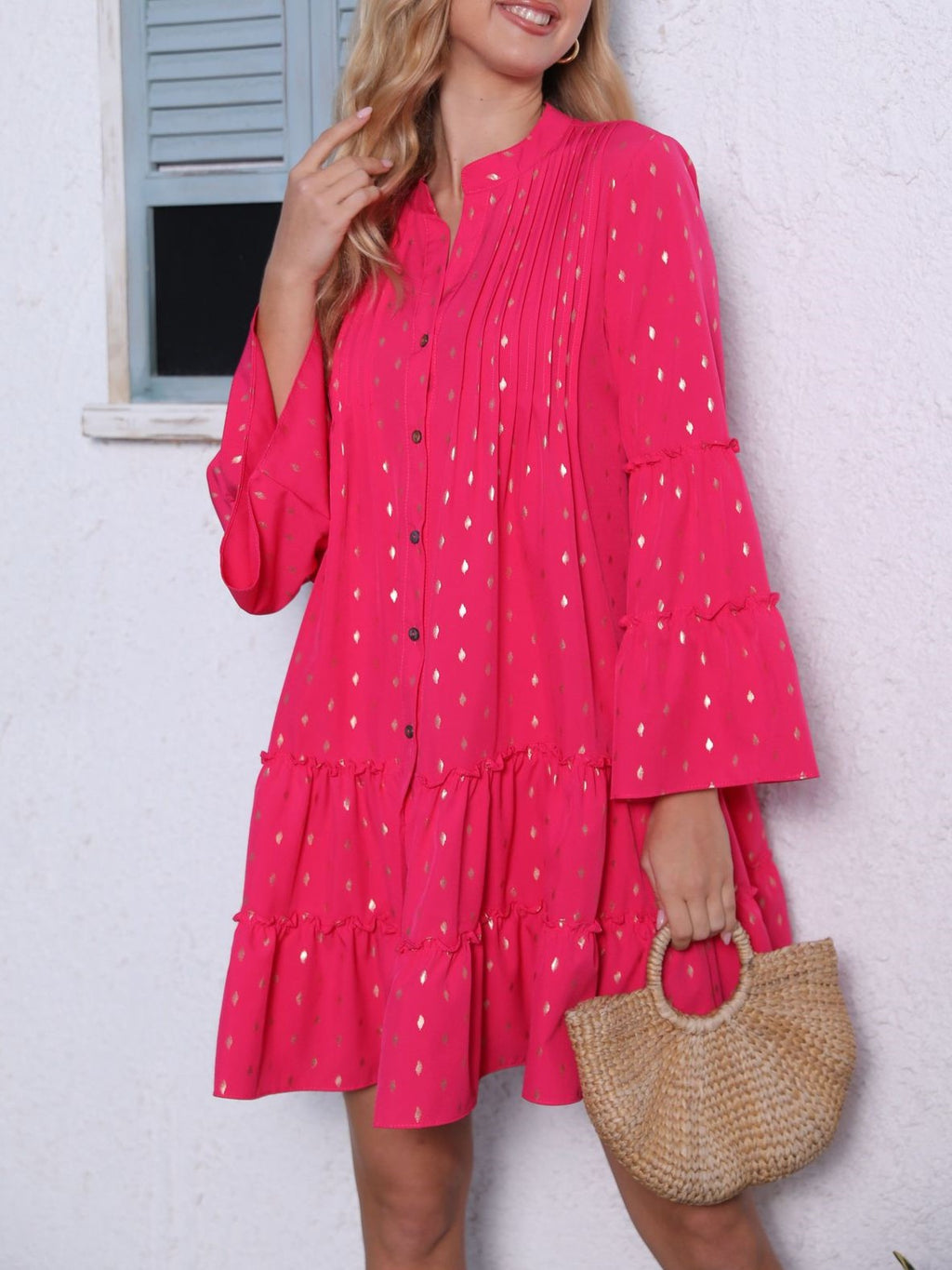 Foil Dot Tiered Flare Sleeve Mini Dress - Rose - 1