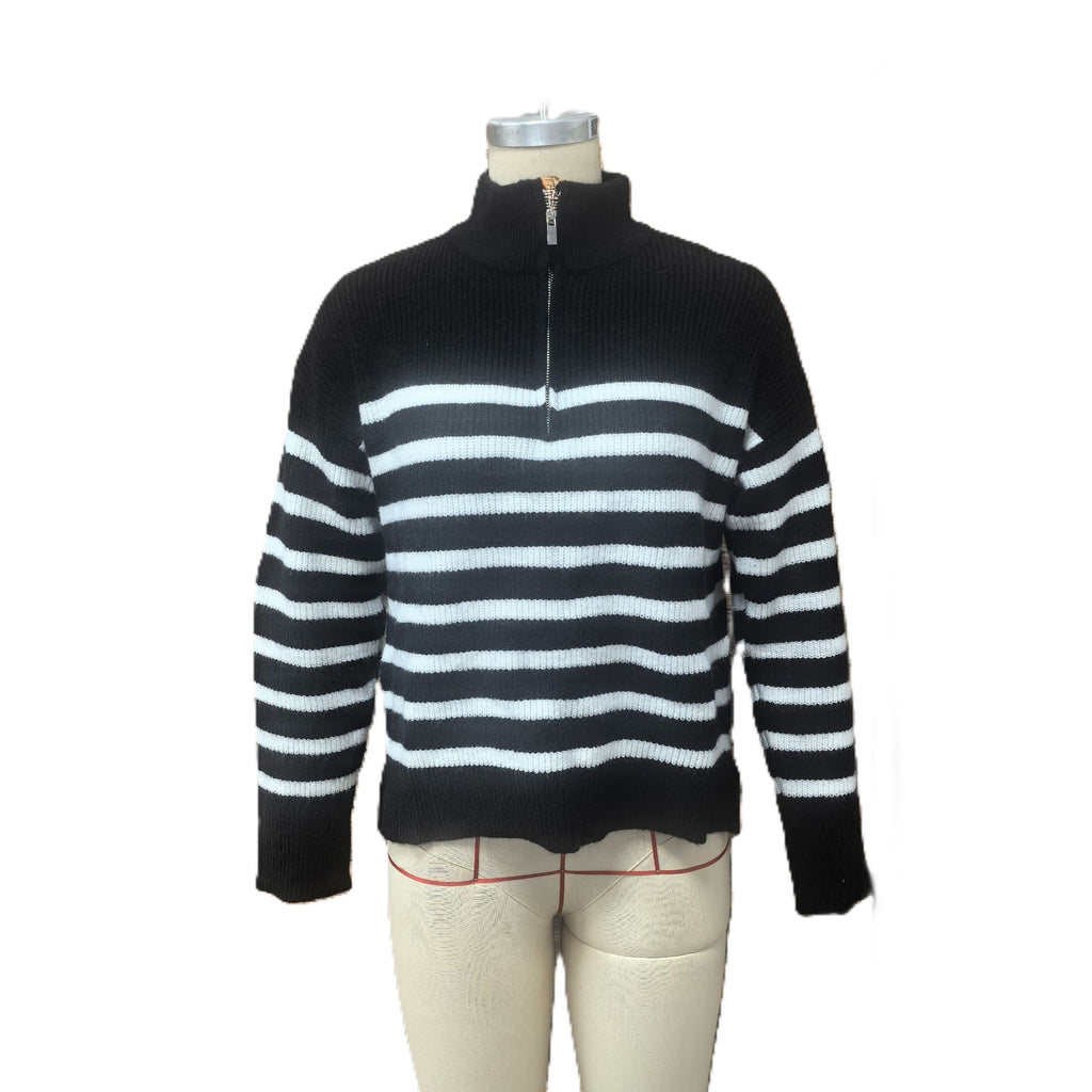 Breton Stripe Half Zip Mock Neck Knit Top - Black