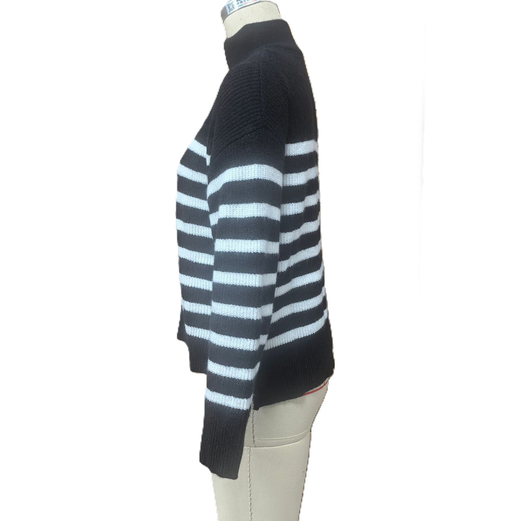 Breton Stripe Half Zip Mock Neck Knit Top - Black - 1