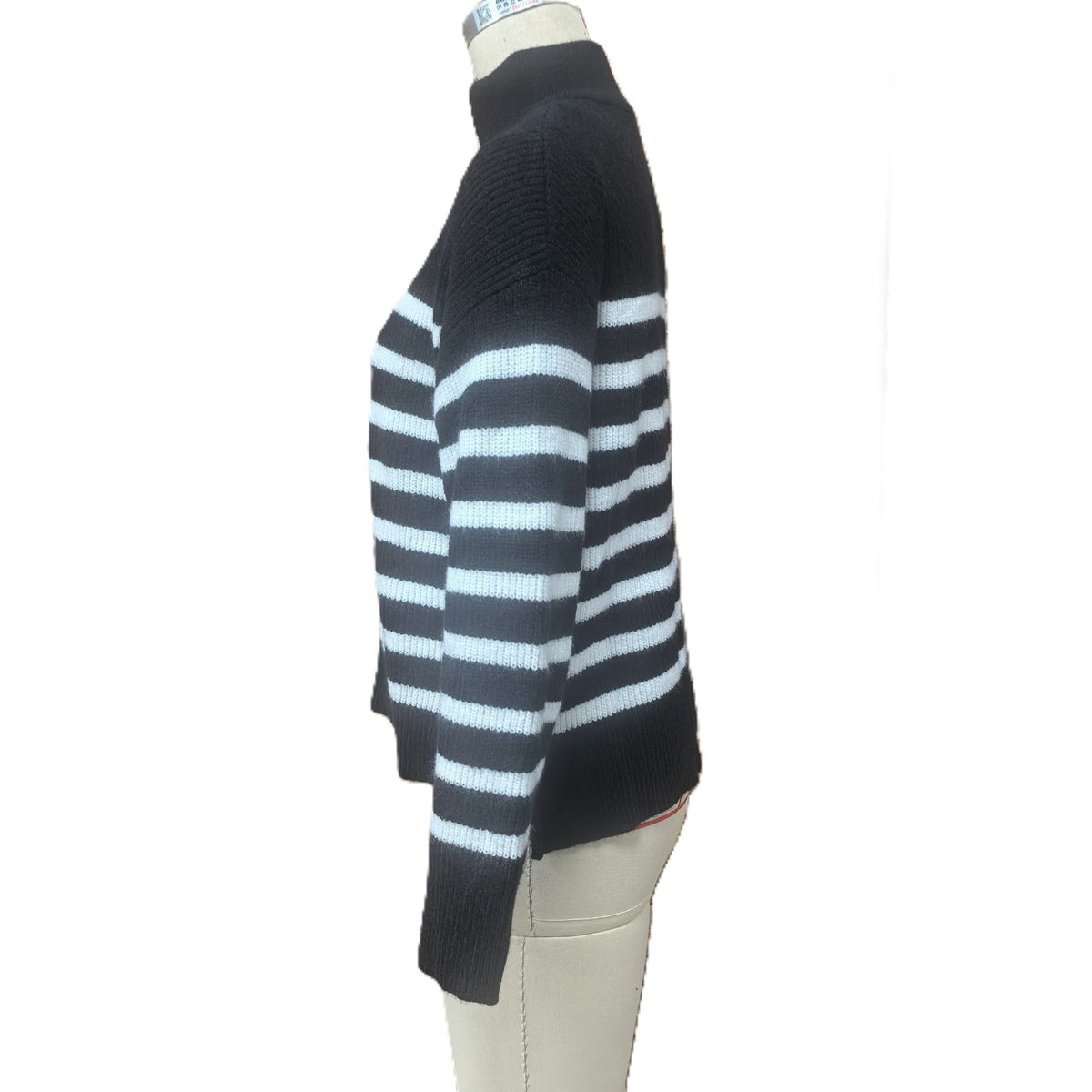 Breton Stripe Half Zip Mock Neck Knit Top - Black - 1