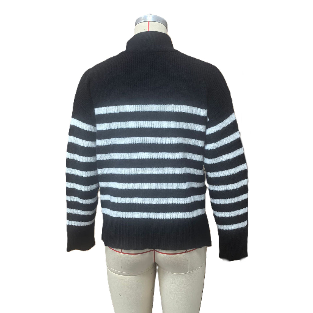 Breton Stripe Half Zip Mock Neck Knit Top - Black - 2