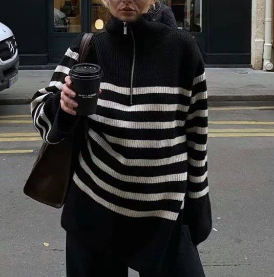 Breton Stripe Half Zip Mock Neck Knit Top