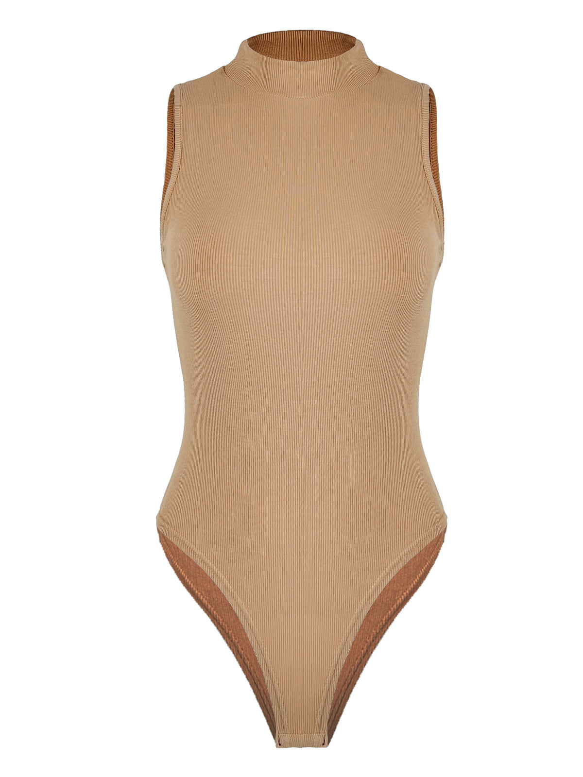 Mock Neck Sleeveless Ribbed Bodysuit - Apricot - 2