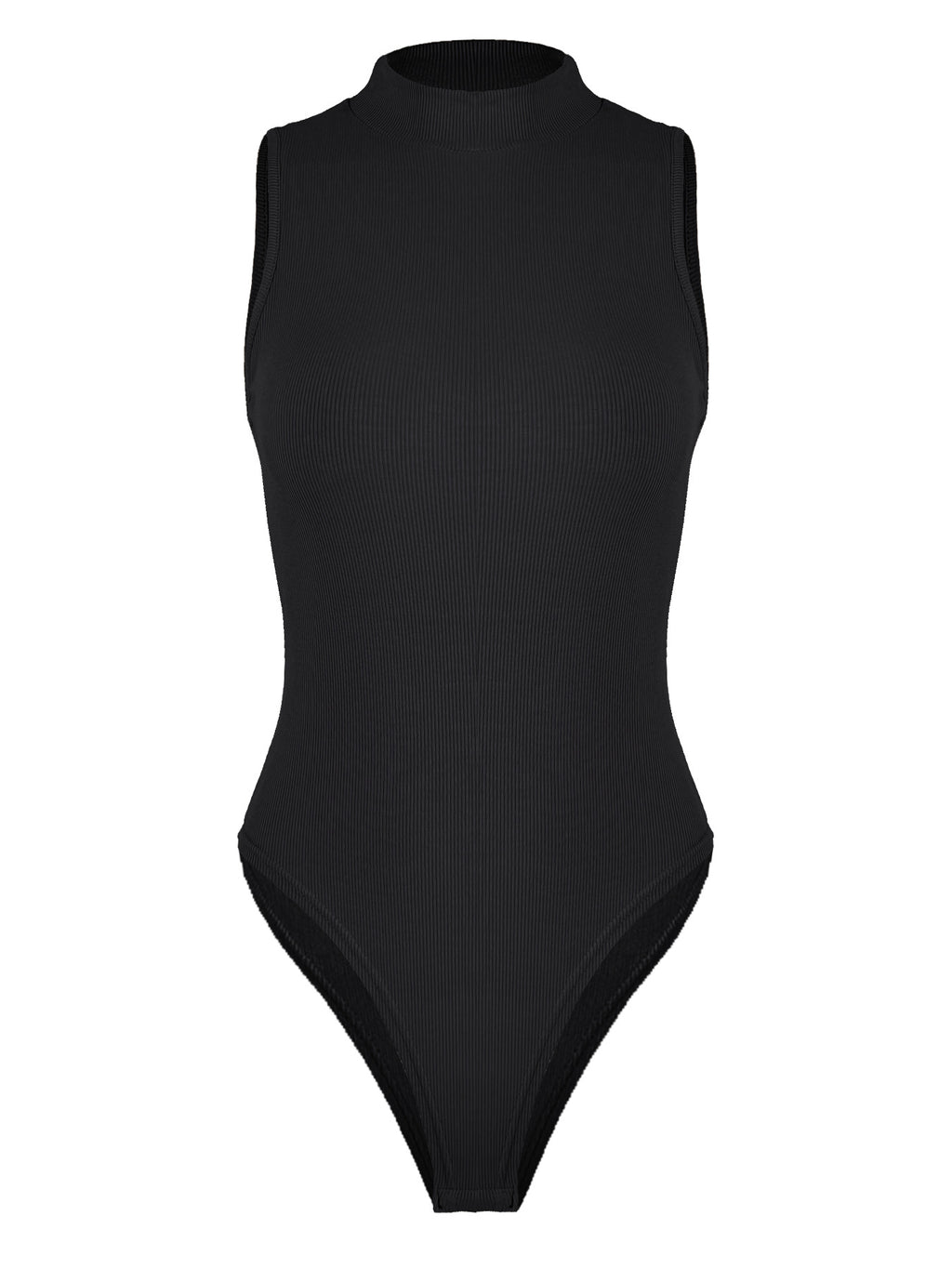 Mock Neck Sleeveless Ribbed Bodysuit - Black - 2