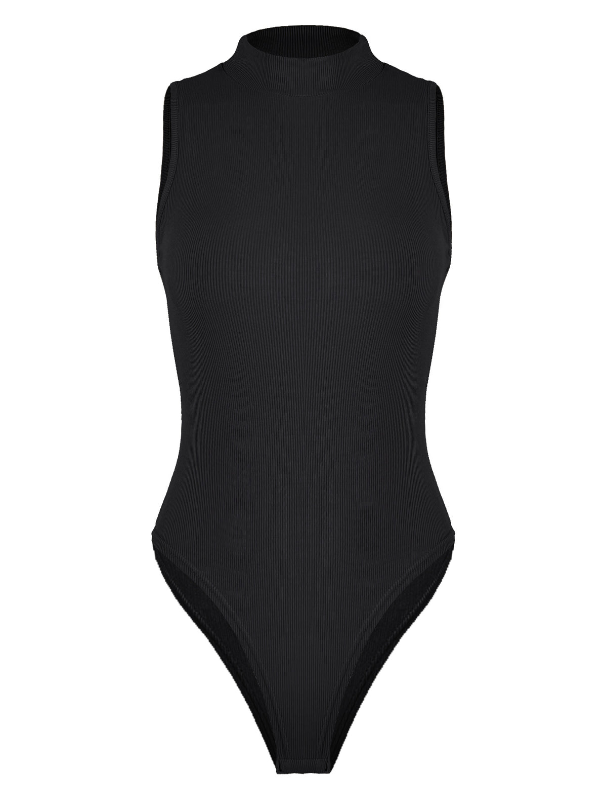 Mock Neck Sleeveless Ribbed Bodysuit - Black - 2