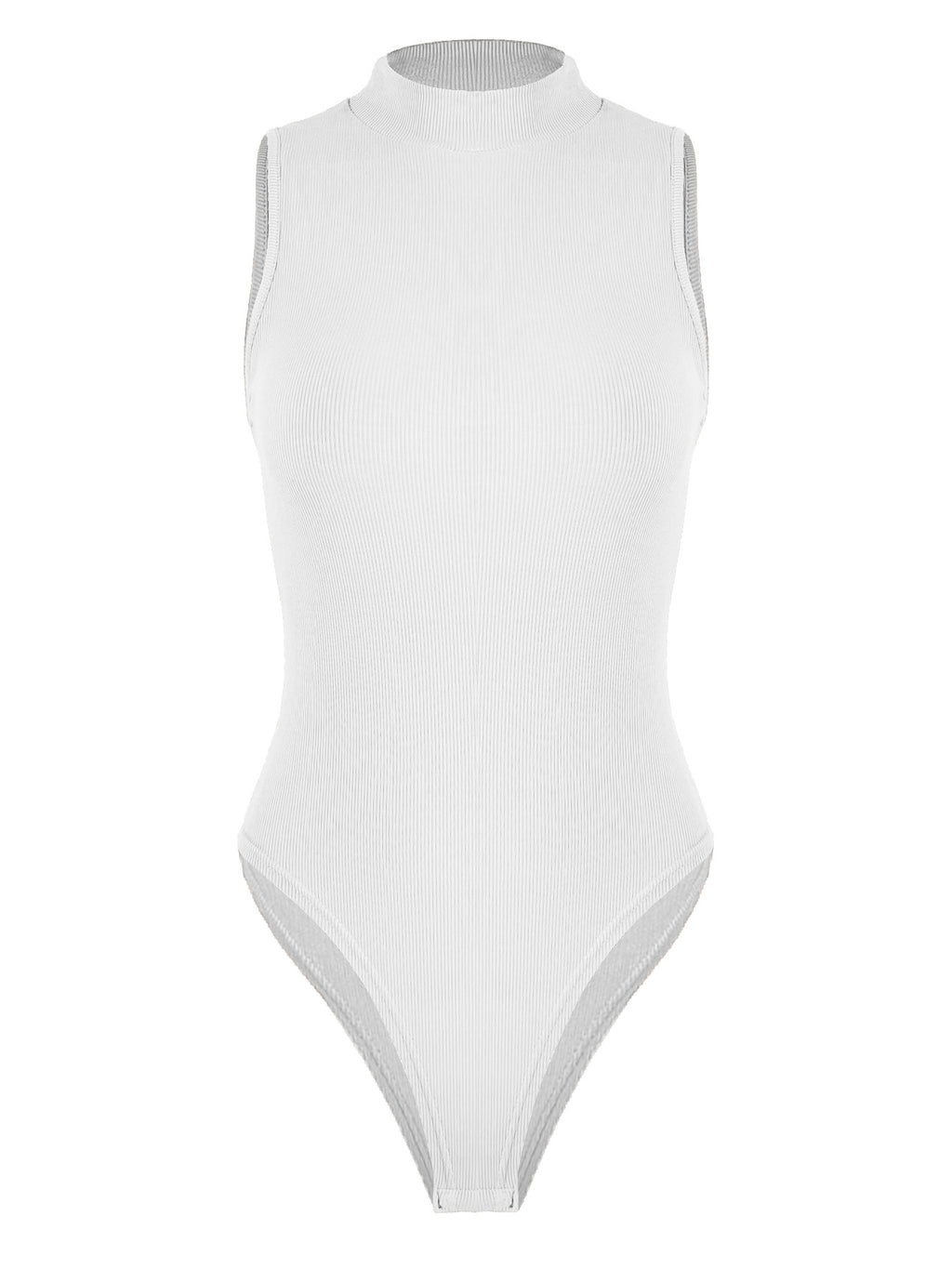 Mock Neck Sleeveless Ribbed Bodysuit - White - 1