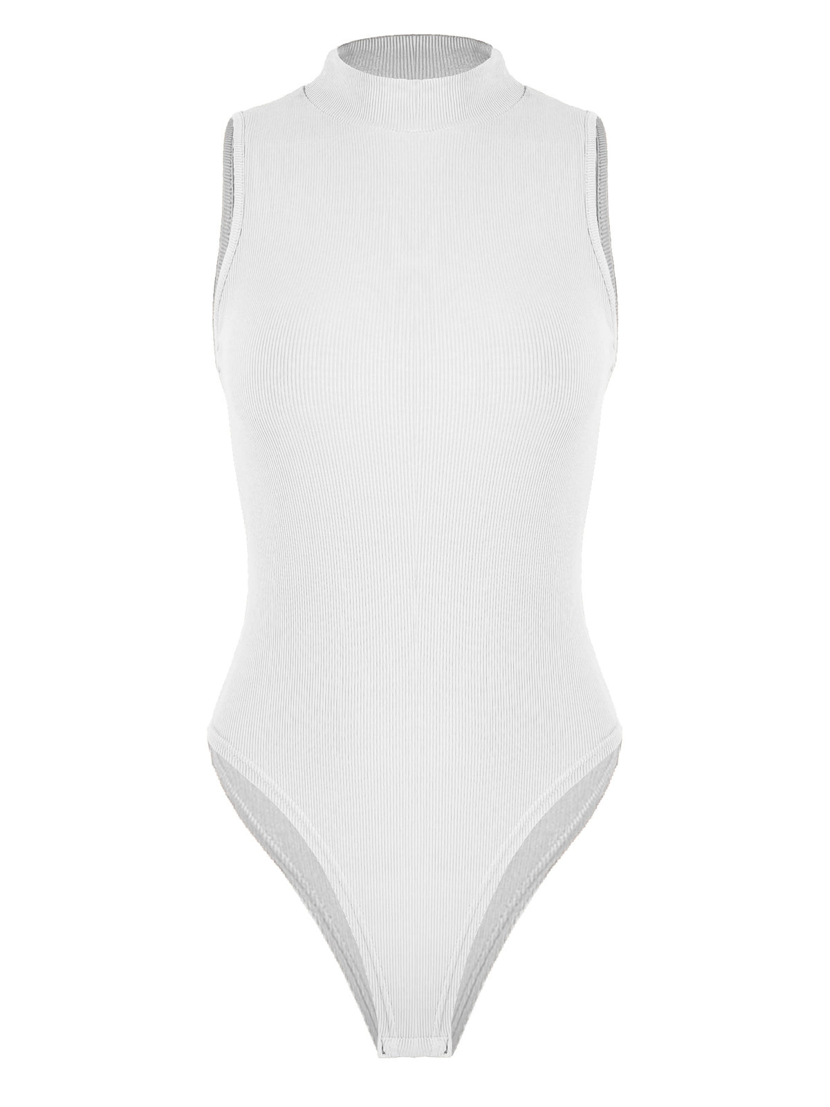 Mock Neck Sleeveless Ribbed Bodysuit - White - 1